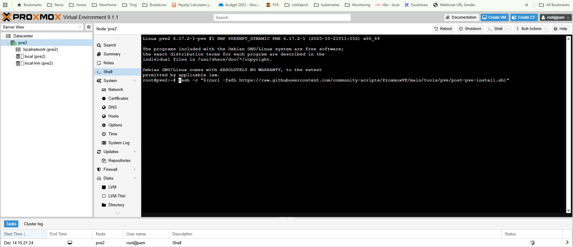 Proxmox shell window before running the post-install helper script
